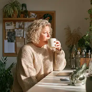 A woman sips a cup of tea while thinking ahead to her publishing company ventures.