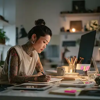 A tattooed woman is sitting at a desk working on her manuscript wondering what the next steps are to self-publish.